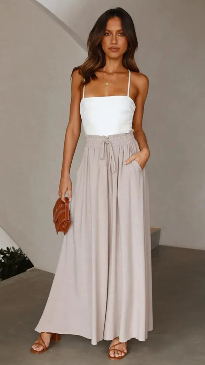 LOUSEA Women's Linen Wide Leg Pants high Elastic Waist Flowy Pants Plus Size Loose Long Pants with Pockets Palazzo Trousers