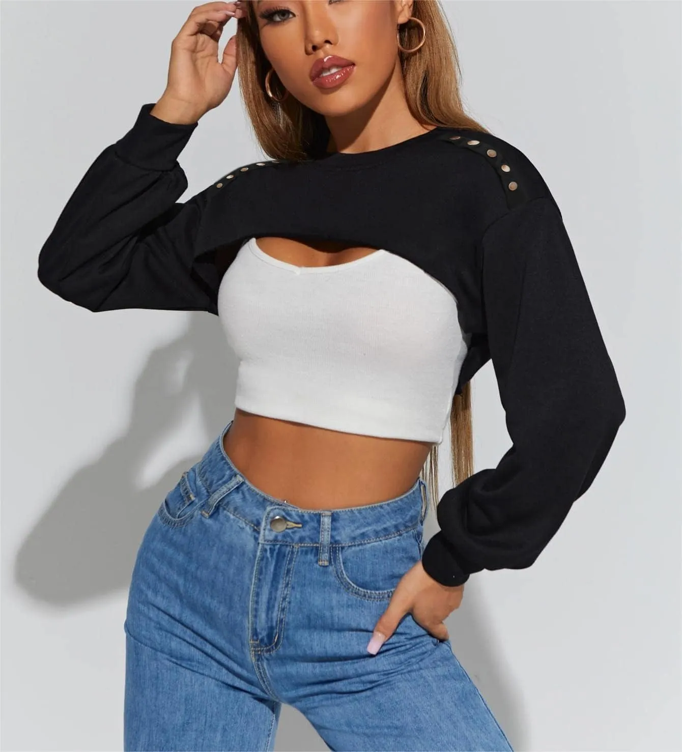 LovelyWholesale Women Crewneck Long Sleeve Crop Top Workout Gym Casual Cut out Loose Cropped Sweatshirt