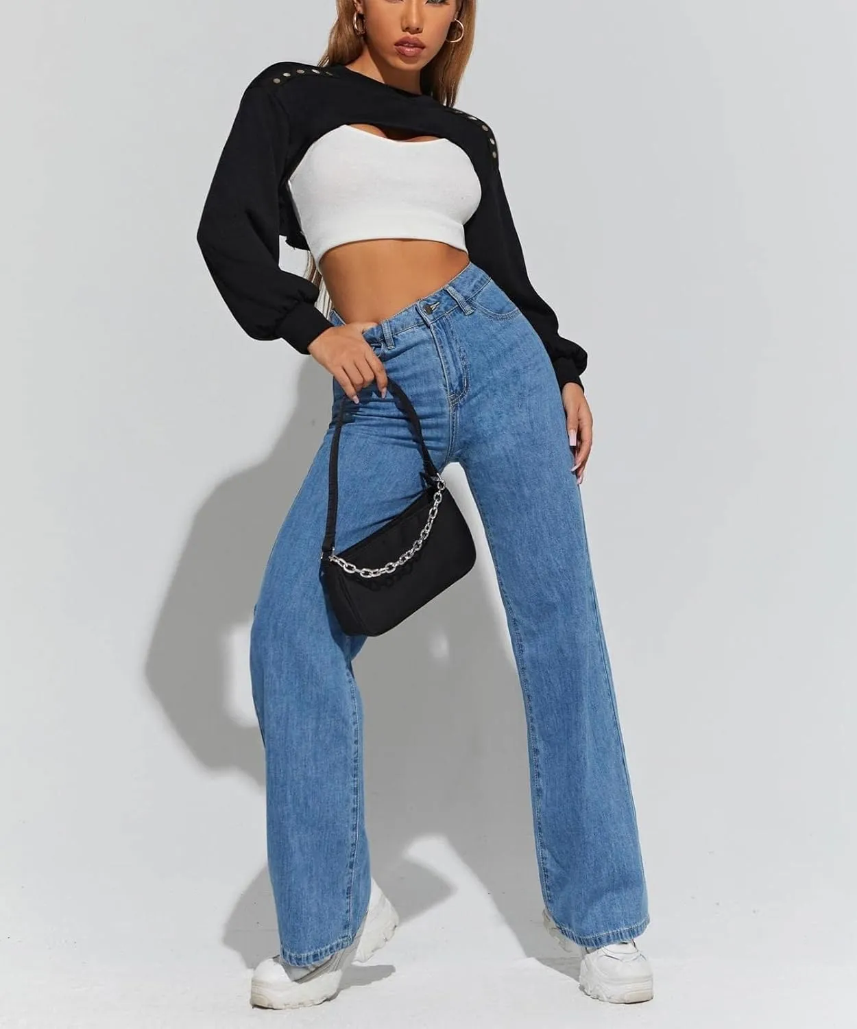 LovelyWholesale Women Crewneck Long Sleeve Crop Top Workout Gym Casual Cut out Loose Cropped Sweatshirt