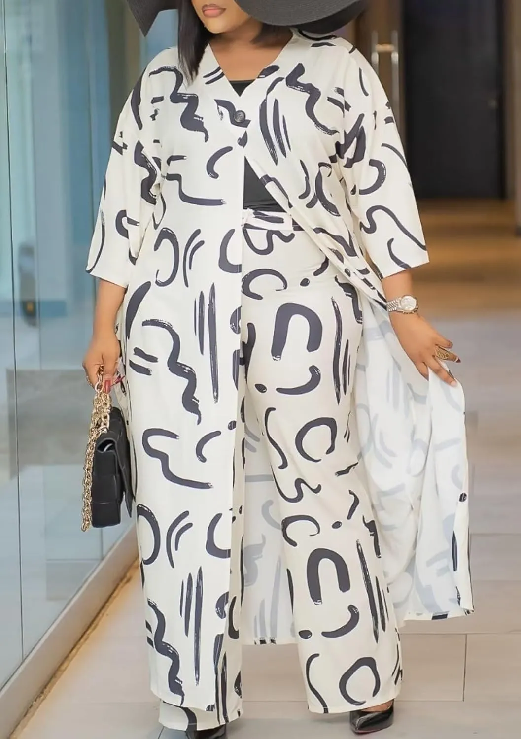 LROSEY African 2 Piece Outfits Caftans for Women Floral V Neck Long Cardigan Cover Up Wide Leg Pants Sets Plus Size