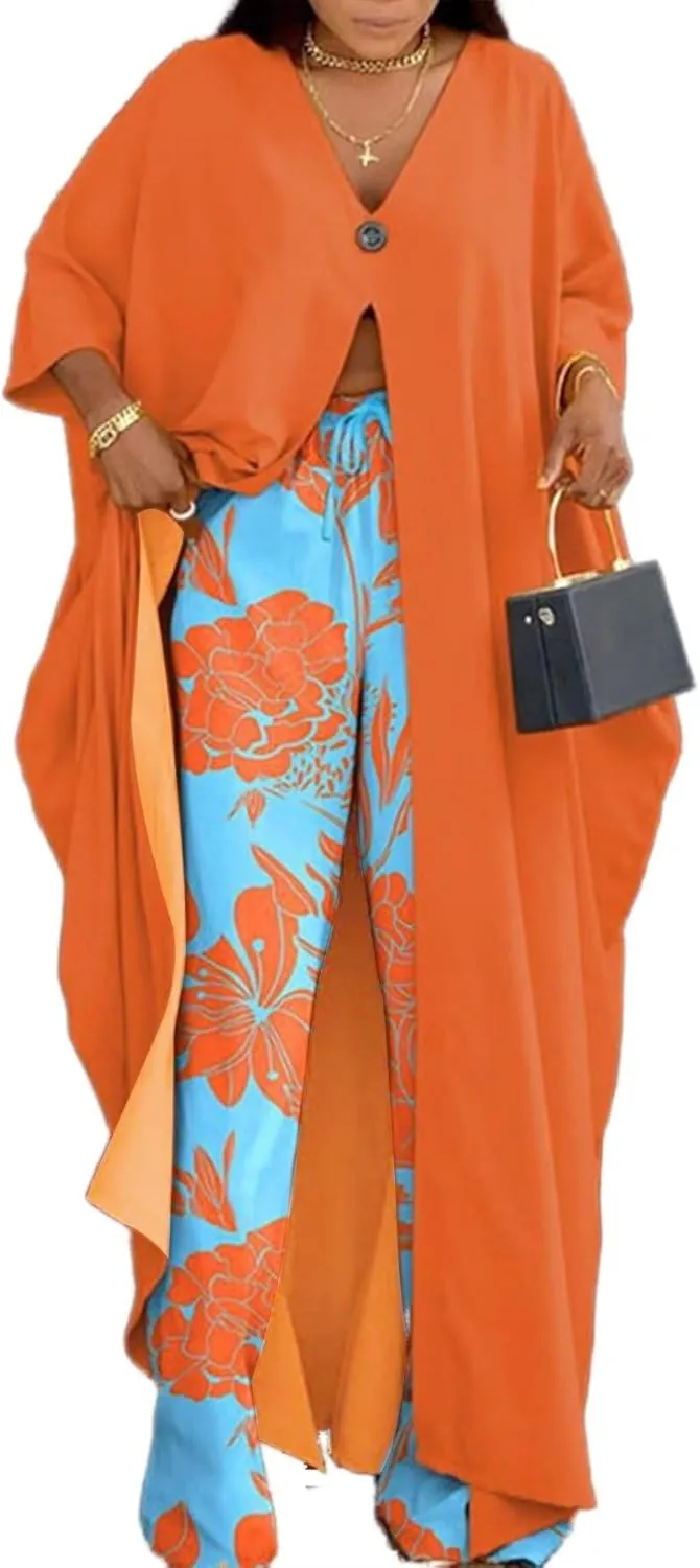 LROSEY African 2 Piece Outfits Caftans for Women Floral V Neck Long Cardigan Cover Up Wide Leg Pants Sets Plus Size
