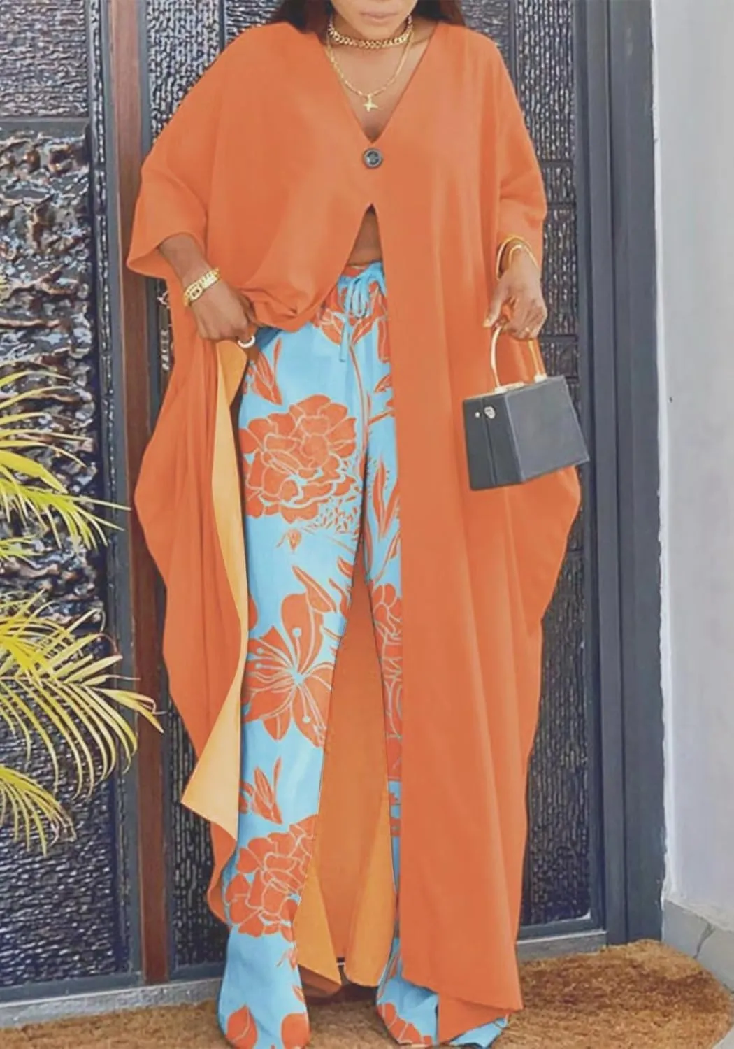 LROSEY African 2 Piece Outfits Caftans for Women Floral V Neck Long Cardigan Cover Up Wide Leg Pants Sets Plus Size