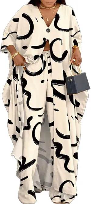 LROSEY African 2 Piece Outfits Caftans for Women Floral V Neck Long Cardigan Cover Up Wide Leg Pants Sets Plus Size