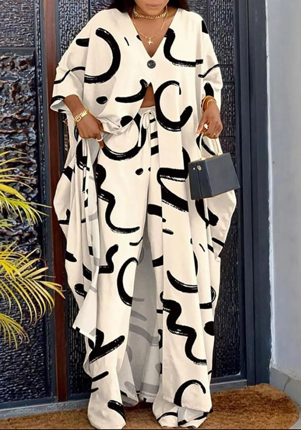 LROSEY African 2 Piece Outfits Caftans for Women Floral V Neck Long Cardigan Cover Up Wide Leg Pants Sets Plus Size