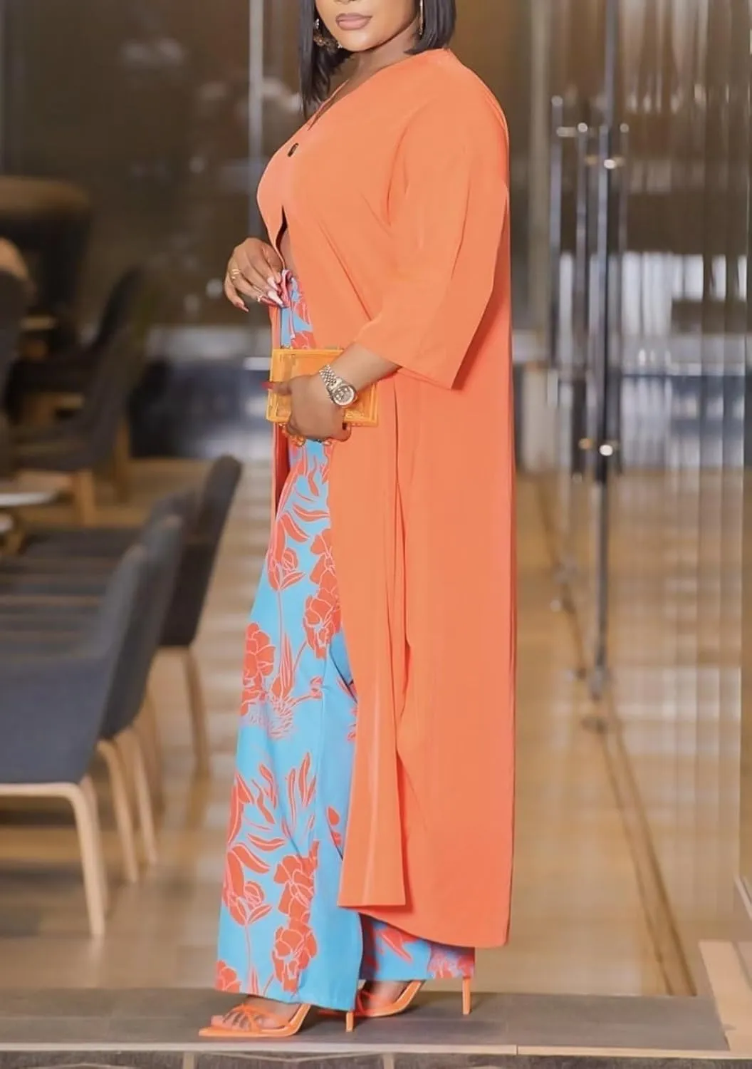 LROSEY African 2 Piece Outfits Caftans for Women Floral V Neck Long Cardigan Cover Up Wide Leg Pants Sets Plus Size