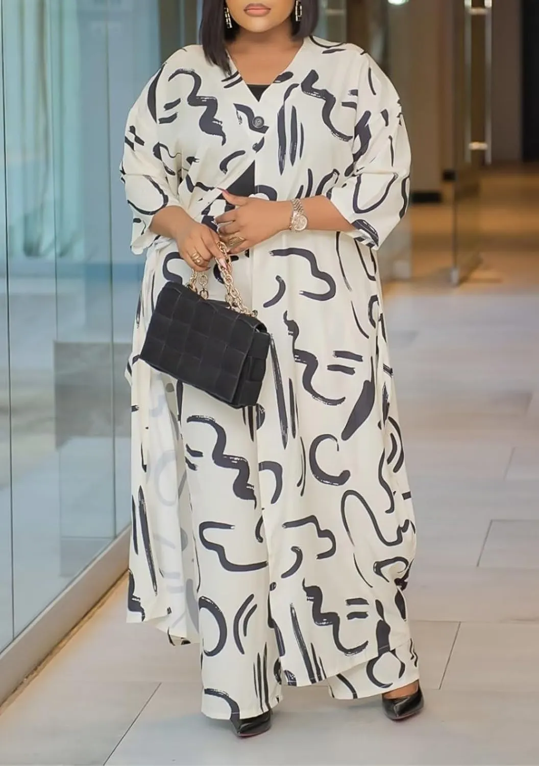 LROSEY African 2 Piece Outfits Caftans for Women Floral V Neck Long Cardigan Cover Up Wide Leg Pants Sets Plus Size