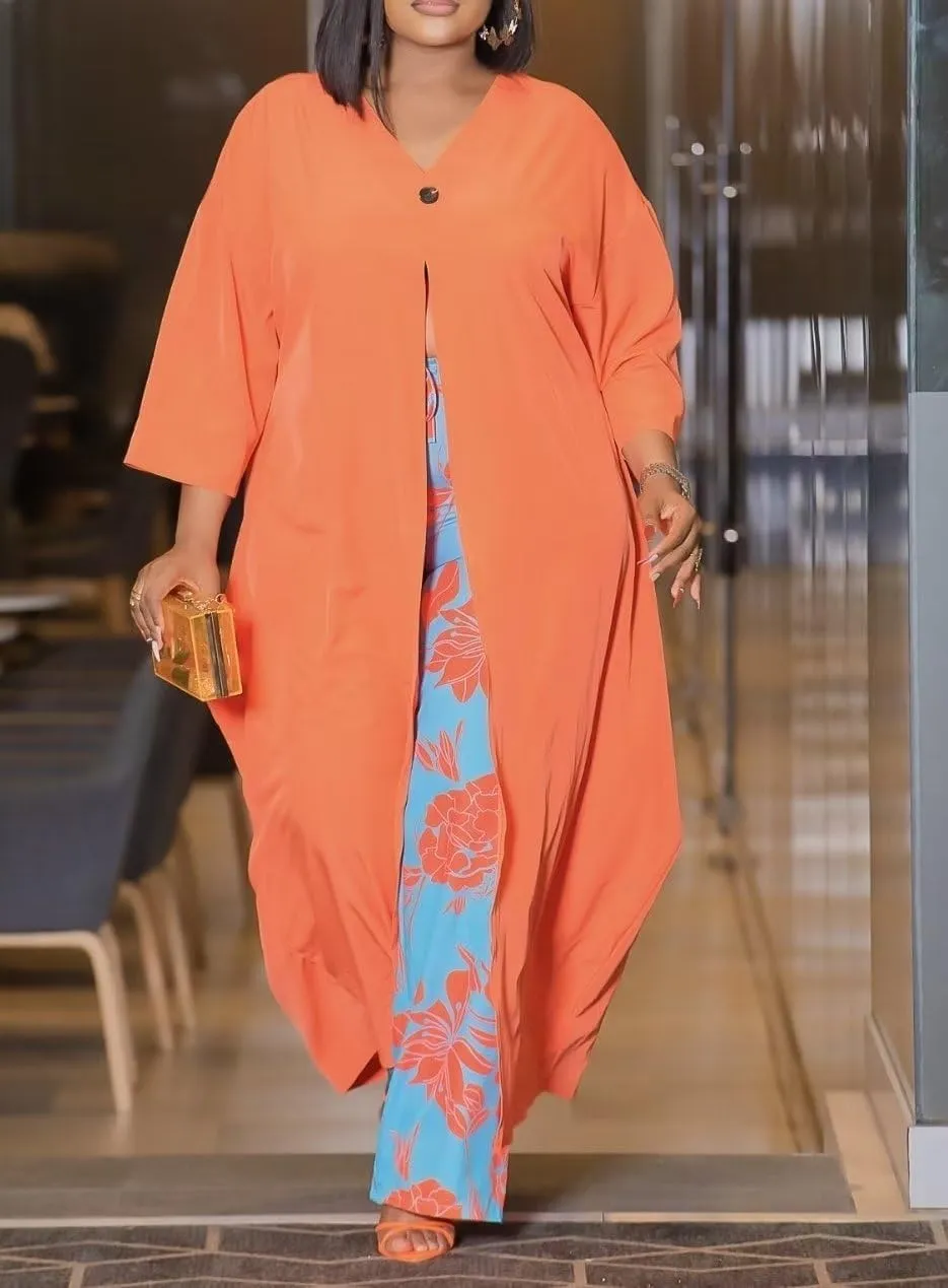 LROSEY African 2 Piece Outfits Caftans for Women Floral V Neck Long Cardigan Cover Up Wide Leg Pants Sets Plus Size