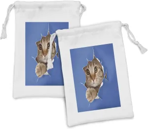 Lunarable Animal Fabric Pouch Set of 2, Kitten in Paper Hole Paws Playful Scottish Cat Pet Picture, Small Drawstring Bag for Toiletries Masks and Favors, 9" x 6", Violet Blue Umber