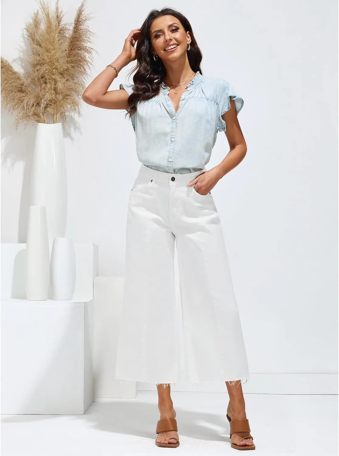 luvamia Wide Leg Capris Jeans for Women Trendy High Waisted Jean Capris Raw Hem Stretchy Denim Capri Cropped Pants