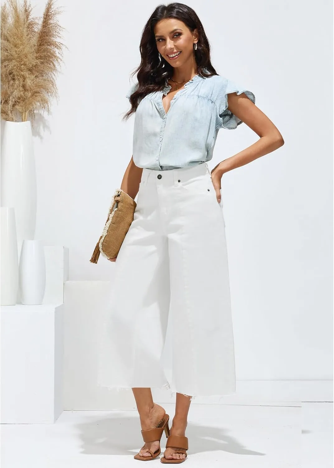 luvamia Wide Leg Capris Jeans for Women Trendy High Waisted Jean Capris Raw Hem Stretchy Denim Capri Cropped Pants