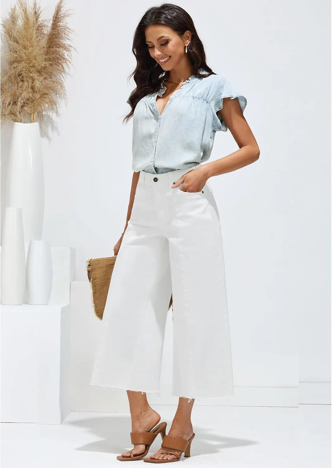 luvamia Wide Leg Capris Jeans for Women Trendy High Waisted Jean Capris Raw Hem Stretchy Denim Capri Cropped Pants