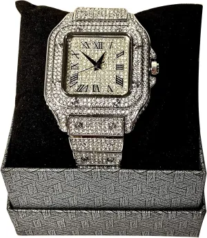 Luxury CZ Diamond Iced Bracelet Watch - Roman Numeric Square Dial - Custom Fit, Bust Down Watch For Men, Women & Hip Hop/Rapper Choice - Mens Jewelry
