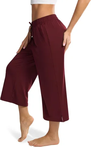 Maxbee Wide Leg Capri Pants for Women Loose Yoga Pants Drawstring Comfy Lounge Sweatpants with Pockets