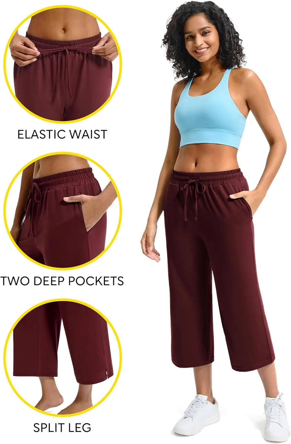 Maxbee Wide Leg Capri Pants for Women Loose Yoga Pants Drawstring Comfy Lounge Sweatpants with Pockets