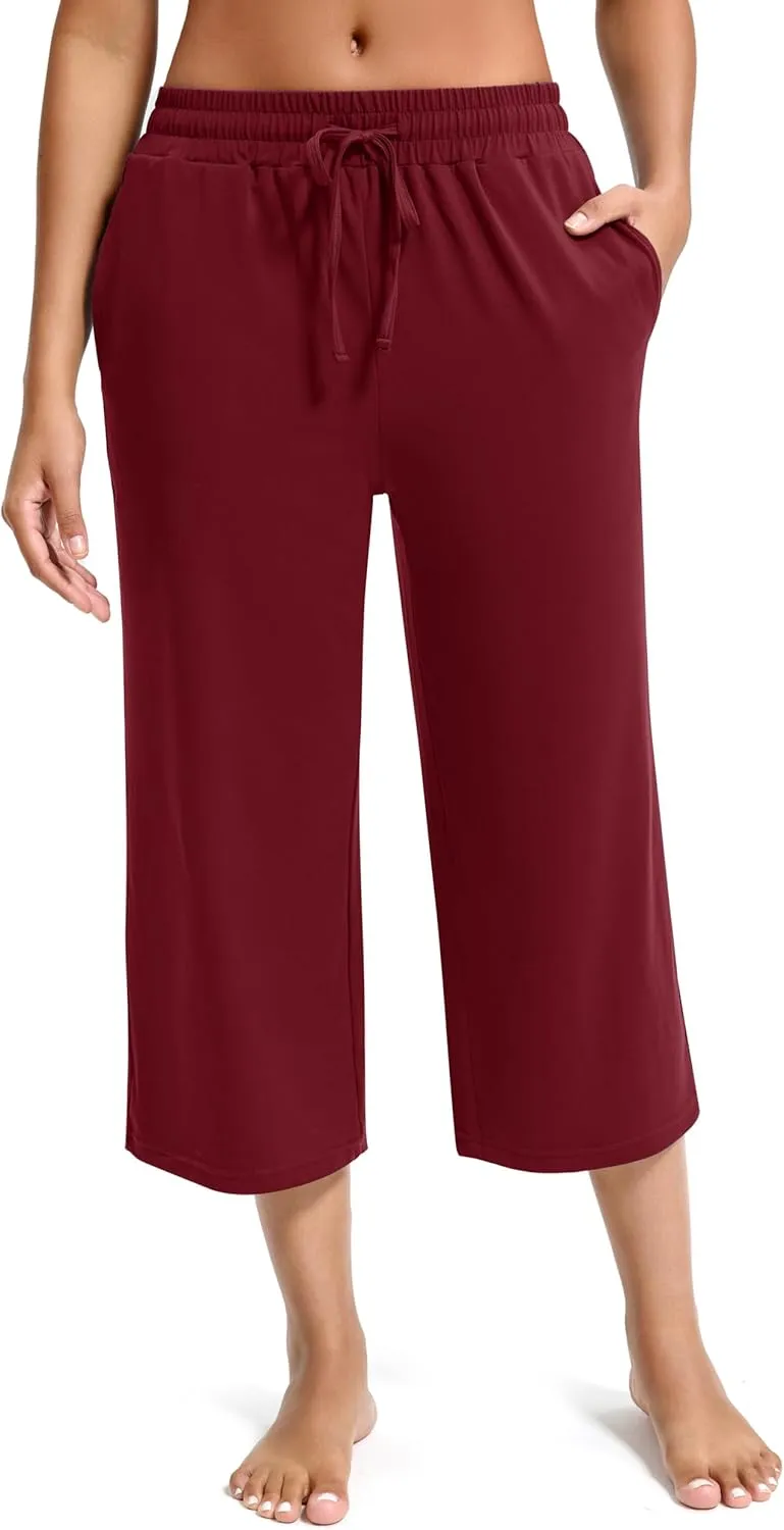 Maxbee Wide Leg Capri Pants for Women Loose Yoga Pants Drawstring Comfy Lounge Sweatpants with Pockets