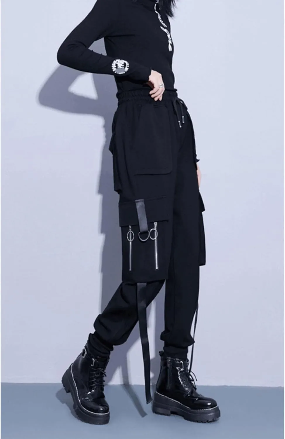 MEINVQIAOTI Zipper Multiple Pockets Streamer Loose Casual Harem Sweatpants Slim fit Wide Leg Drawstring Cargo Pants for Women