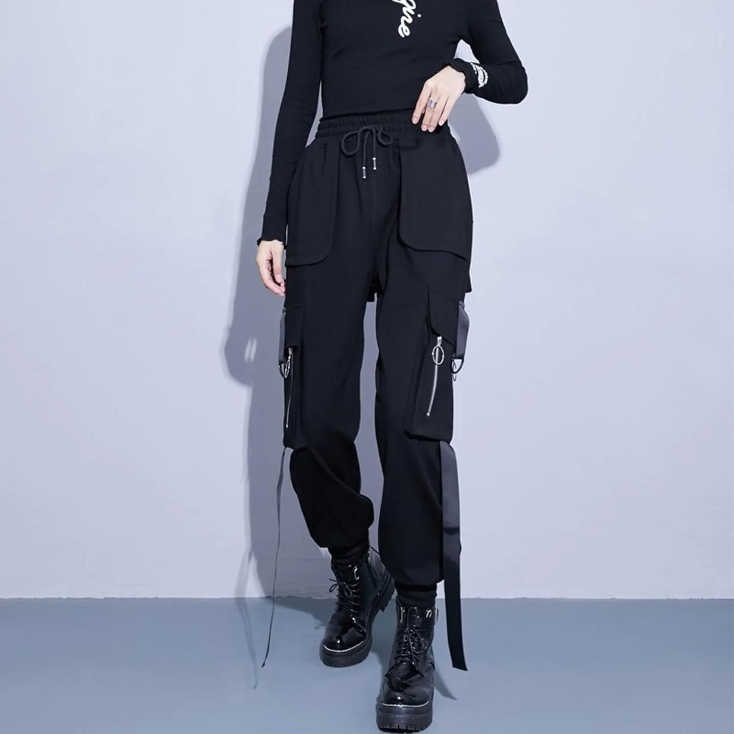MEINVQIAOTI Zipper Multiple Pockets Streamer Loose Casual Harem Sweatpants Slim fit Wide Leg Drawstring Cargo Pants for Women