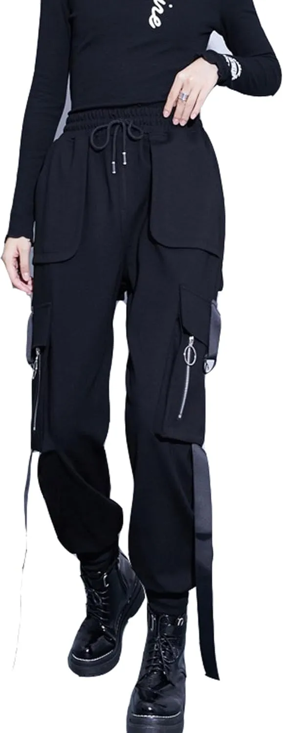 MEINVQIAOTI Zipper Multiple Pockets Streamer Loose Casual Harem Sweatpants Slim fit Wide Leg Drawstring Cargo Pants for Women