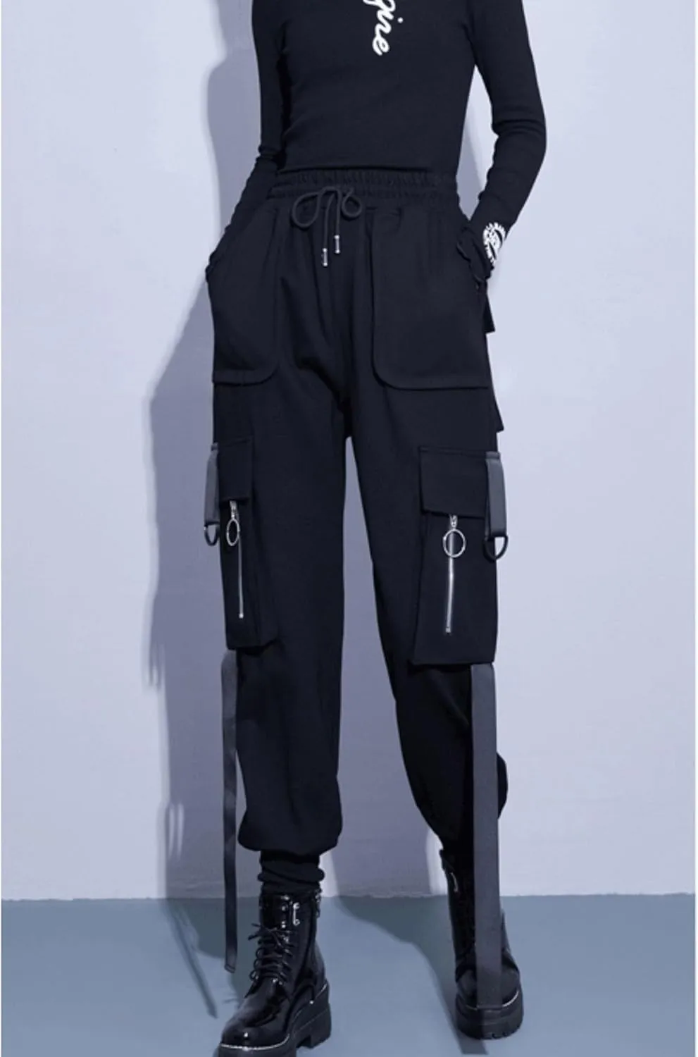 MEINVQIAOTI Zipper Multiple Pockets Streamer Loose Casual Harem Sweatpants Slim fit Wide Leg Drawstring Cargo Pants for Women