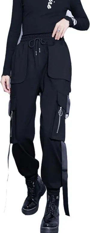 MEINVQIAOTI Zipper Multiple Pockets Streamer Loose Casual Harem Sweatpants Slim fit Wide Leg Drawstring Cargo Pants for Women