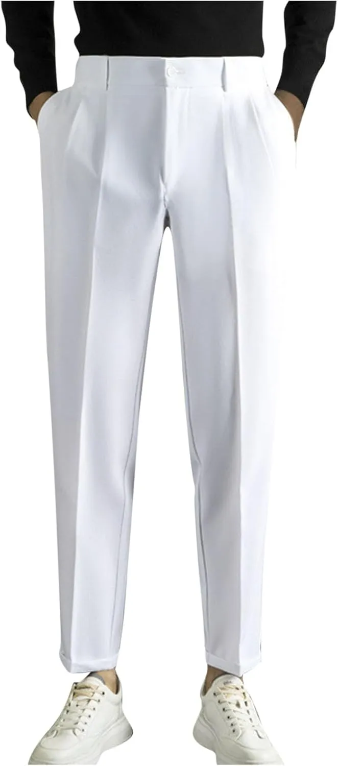 Mens Casual Business Pants Stylish Elastic Waist Classic Fit Straight Leg Dress Pant Lightweight Trousers with Pocket