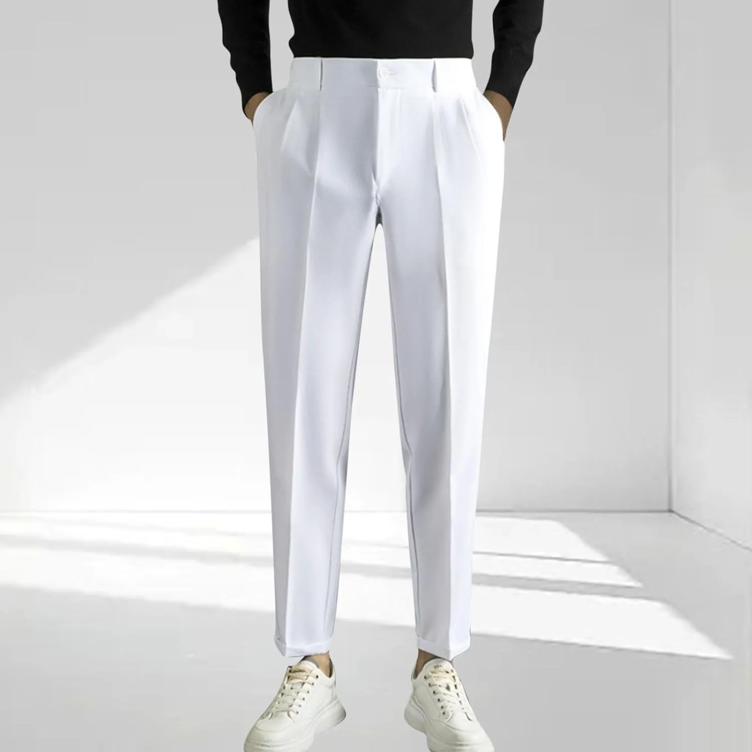 Mens Casual Business Pants Stylish Elastic Waist Classic Fit Straight Leg Dress Pant Lightweight Trousers with Pocket