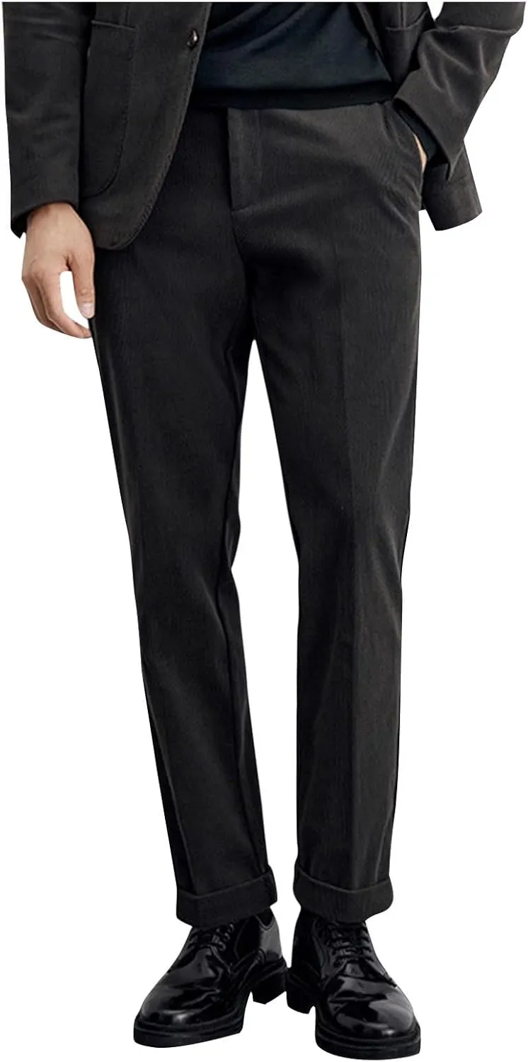 Mens Corduroy Straight Leg Pants Slim Fit Expandable Waist Flat Front Casual Stylish Business Formal Wedding Trousers