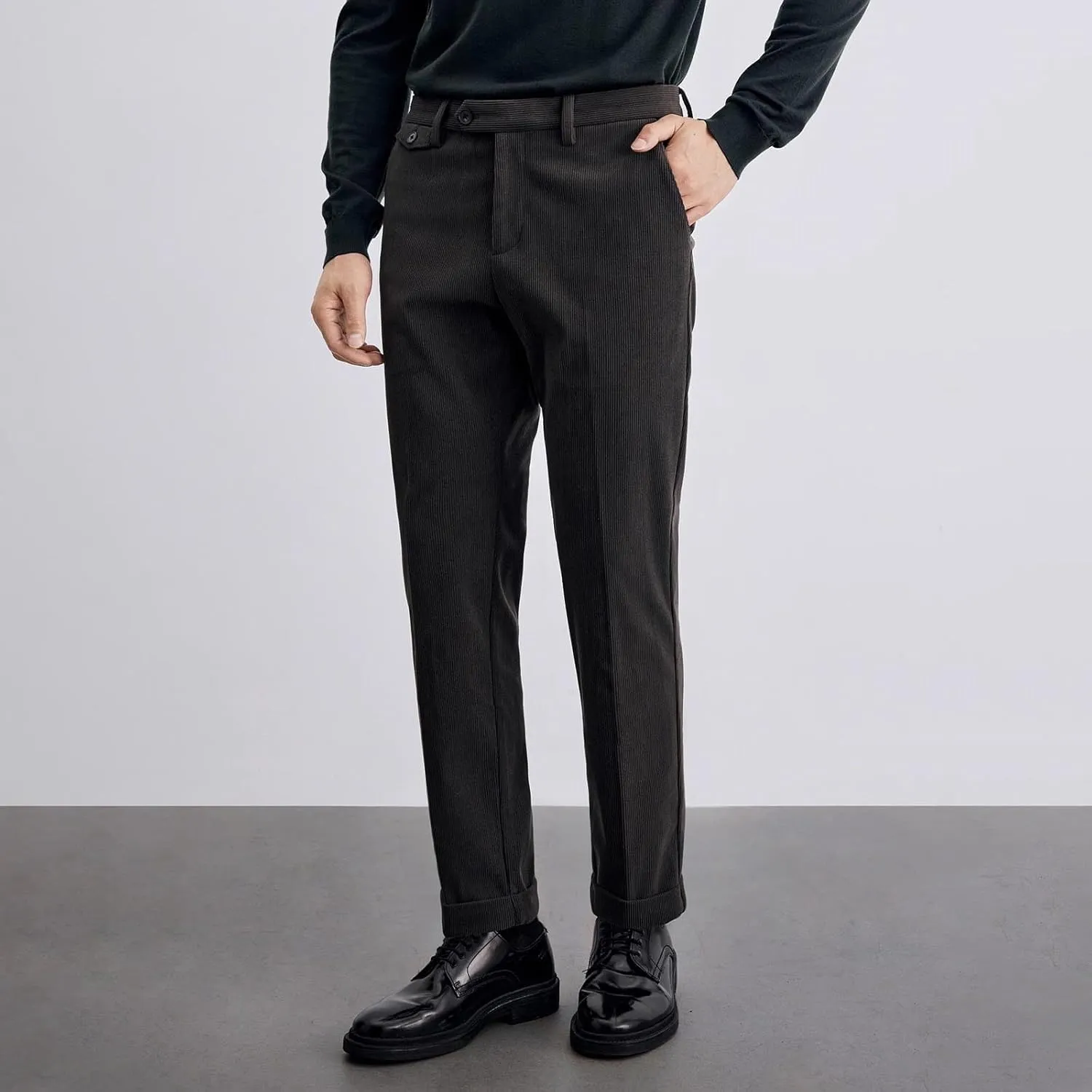 Mens Corduroy Straight Leg Pants Slim Fit Expandable Waist Flat Front Casual Stylish Business Formal Wedding Trousers