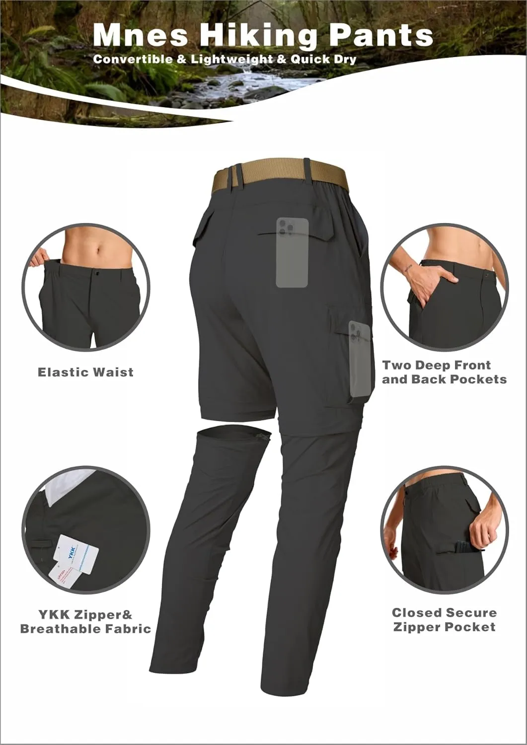 Mens Hiking Cargo Pants Lightweight Quick Dry Convertible Zip Off Waterproof Travel Fishing Climbing Work Pants for Men