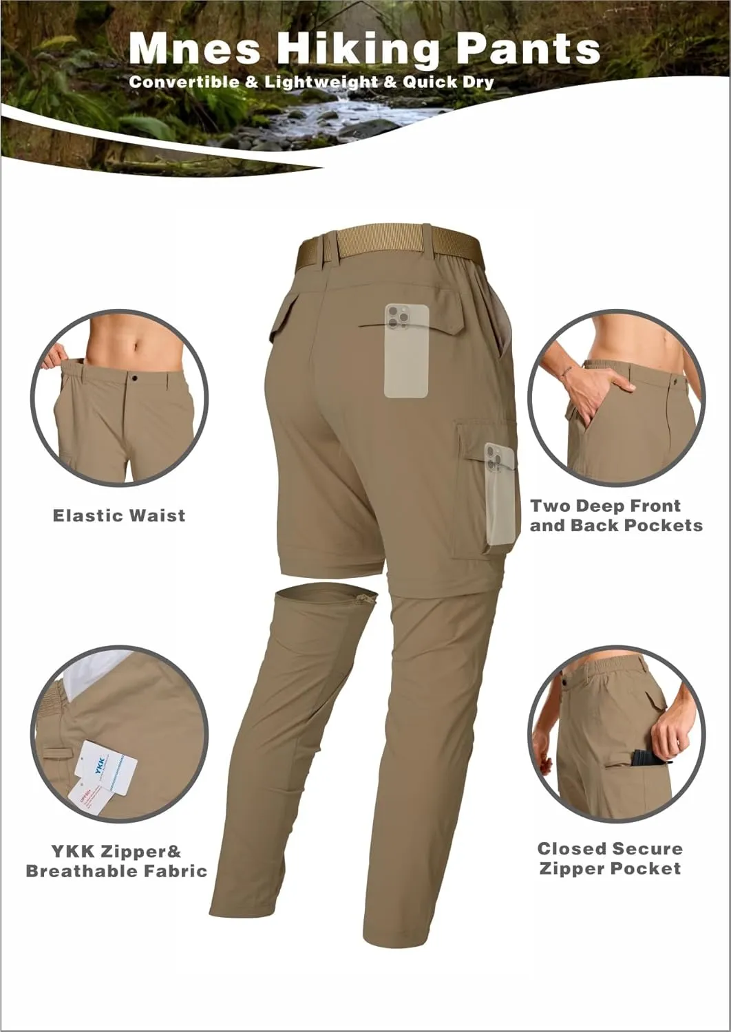 Mens Hiking Cargo Pants Lightweight Quick Dry Convertible Zip Off Waterproof Travel Fishing Climbing Work Pants for Men