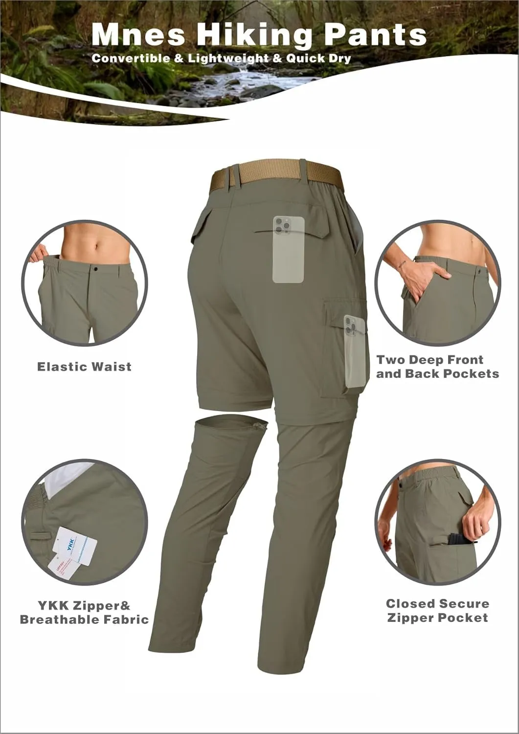 Mens Hiking Cargo Pants Lightweight Quick Dry Convertible Zip Off Waterproof Travel Fishing Climbing Work Pants for Men