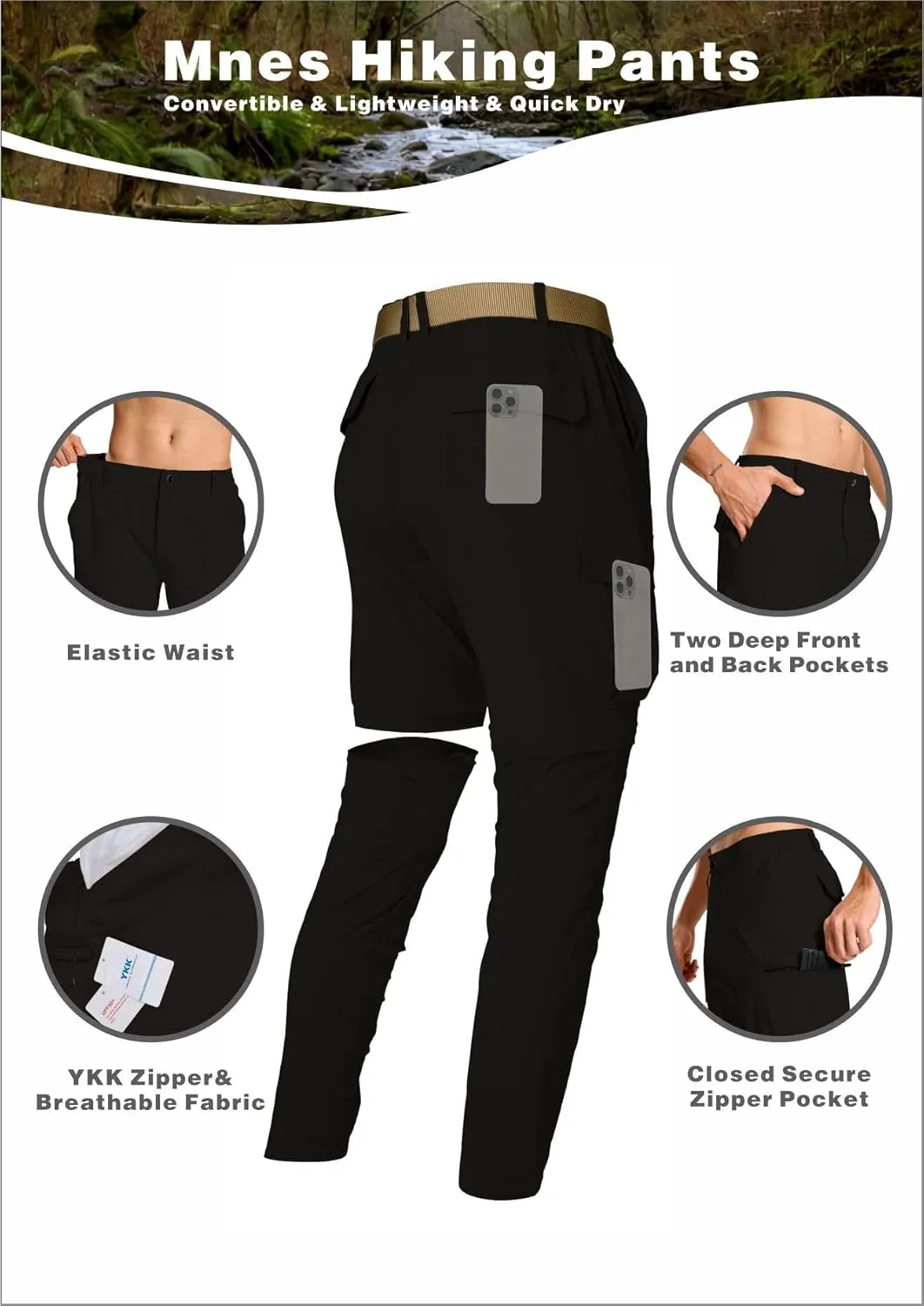Mens Hiking Cargo Pants Lightweight Quick Dry Convertible Zip Off Waterproof Travel Fishing Climbing Work Pants for Men