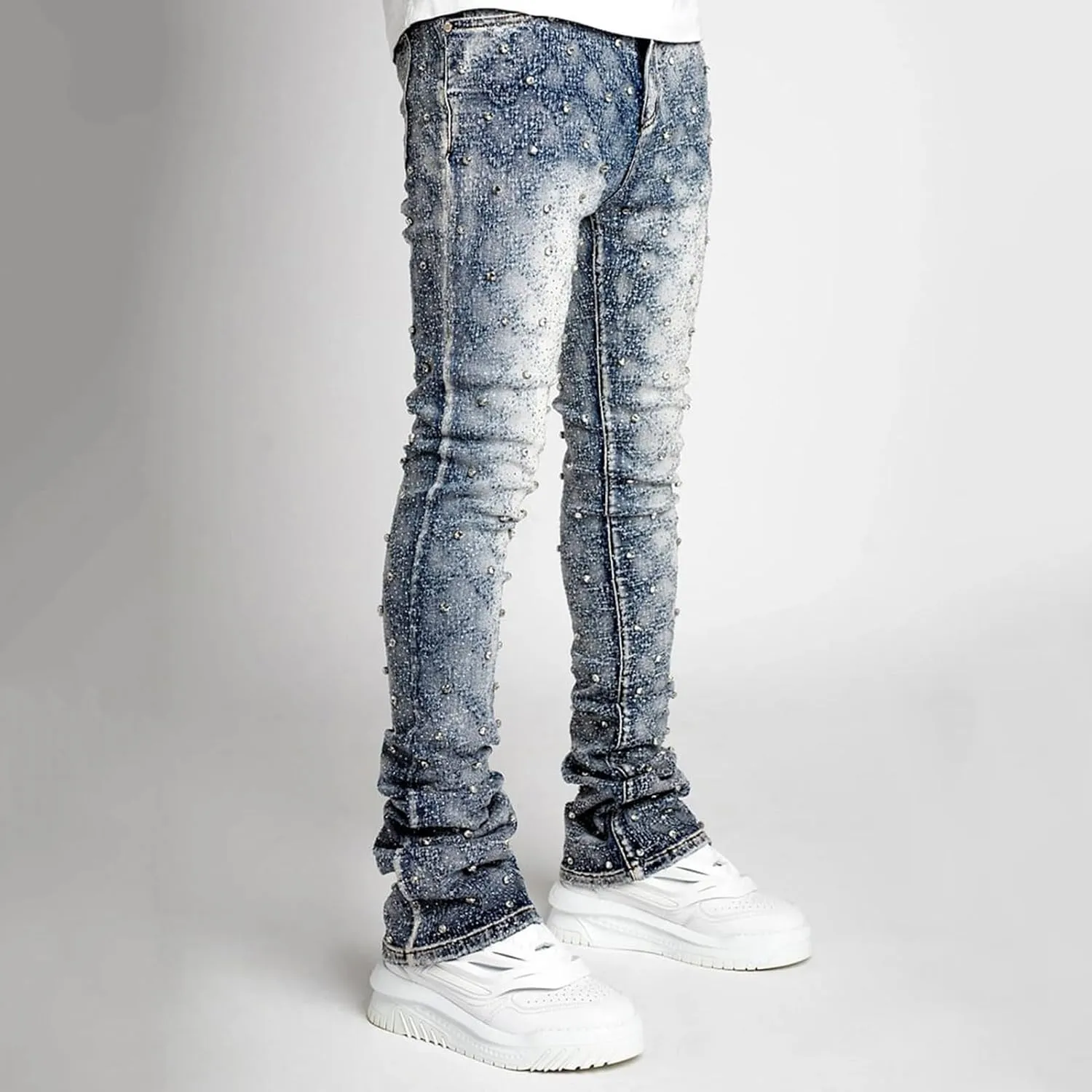 Men's Slim Fit Skinny Stacked Rhinestone Jeans Stretch Fit Stylish Streetwear Causal Y2K Denim Pants