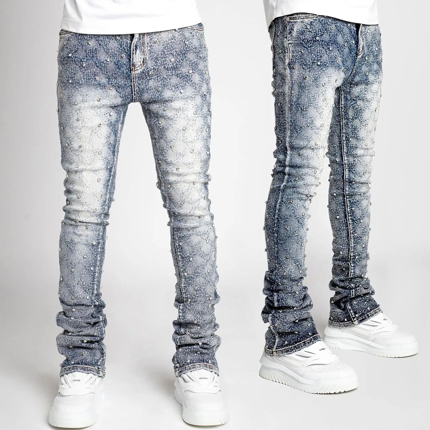 Men's Slim Fit Skinny Stacked Rhinestone Jeans Stretch Fit Stylish Streetwear Causal Y2K Denim Pants
