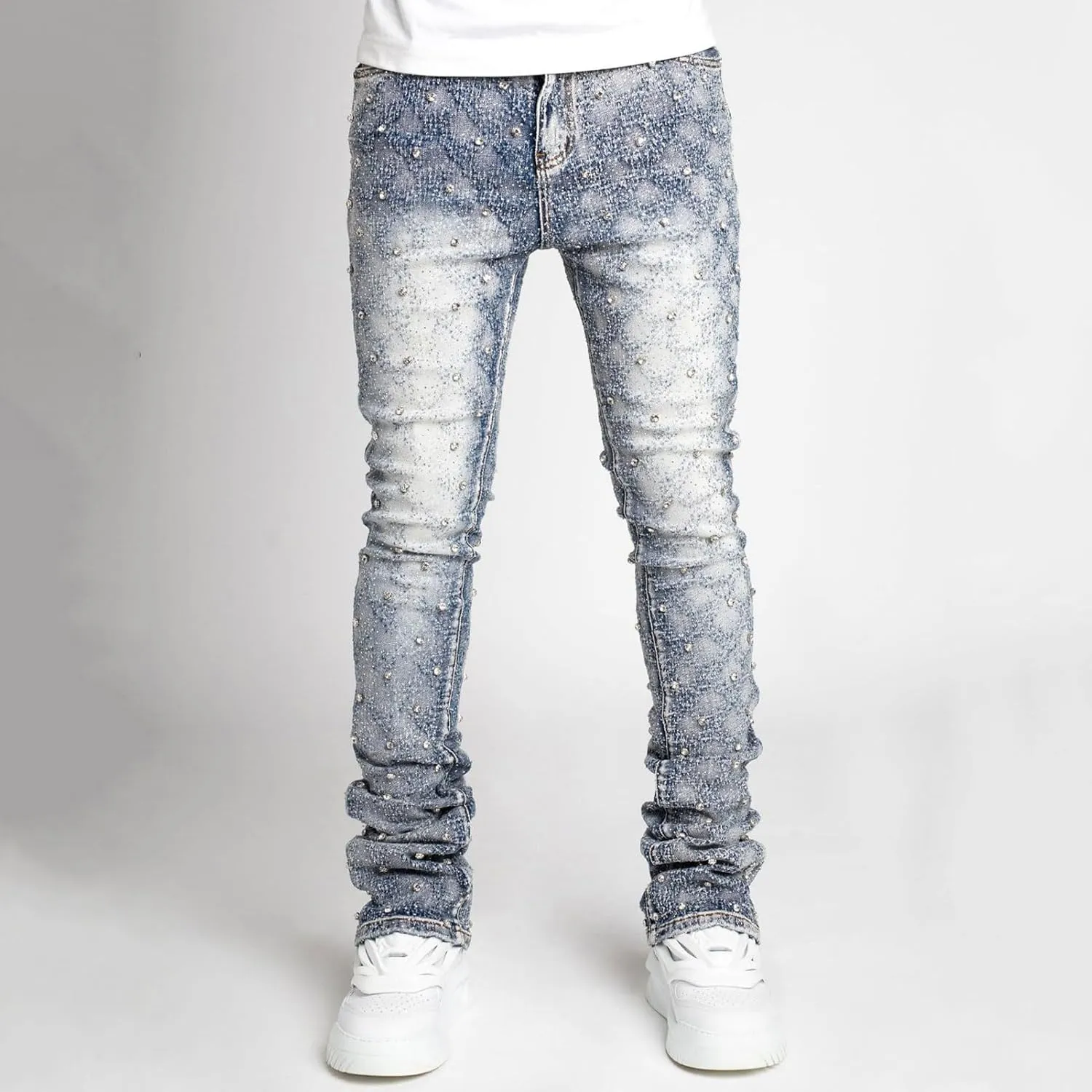 Men's Slim Fit Skinny Stacked Rhinestone Jeans Stretch Fit Stylish Streetwear Causal Y2K Denim Pants