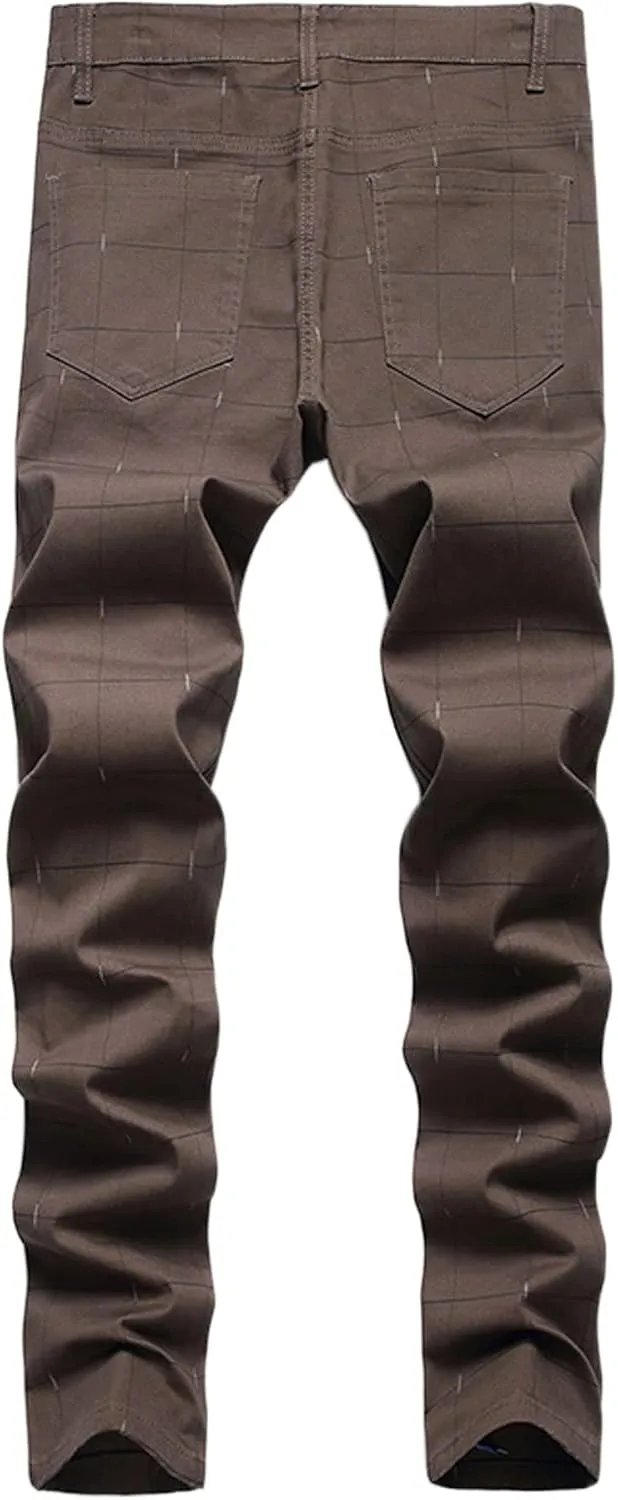 Mens Stretch Slim Fit Plaid Dress Pants,Mens Casual Black Flat-Front Skinny Comfy Business Chino Pants with Pocket