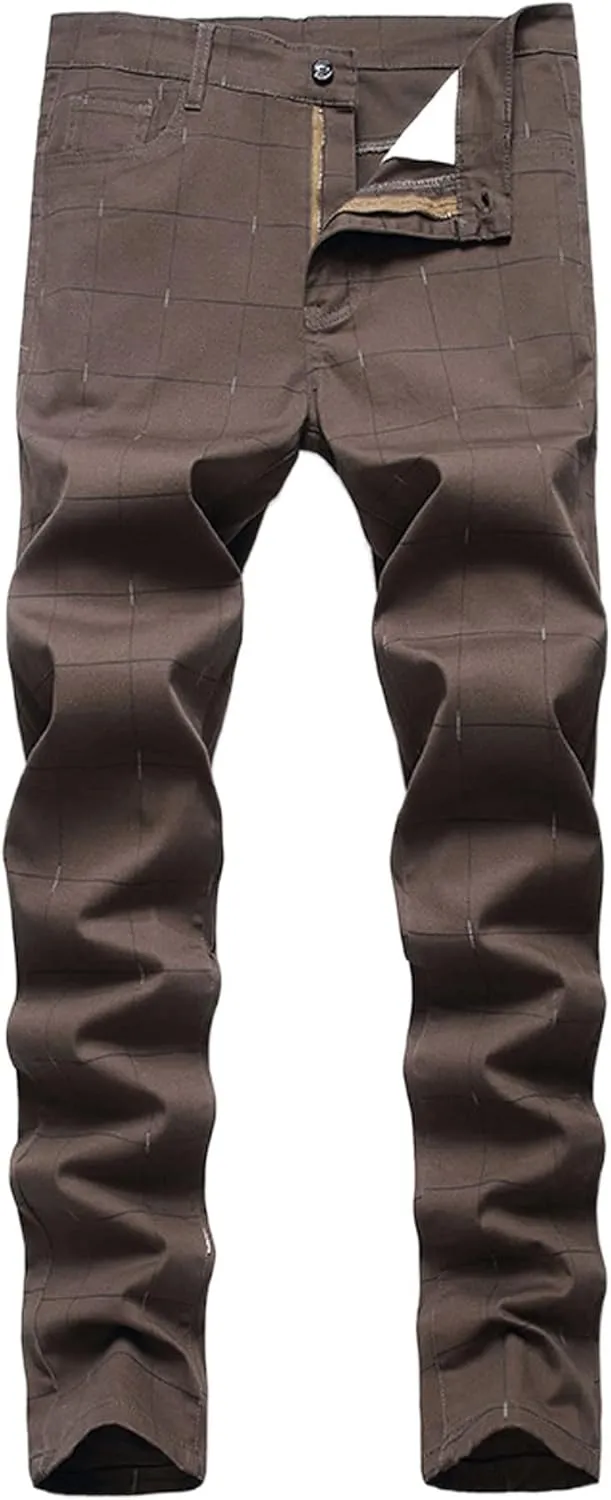 Mens Stretch Slim Fit Plaid Dress Pants,Mens Casual Black Flat-Front Skinny Comfy Business Chino Pants with Pocket