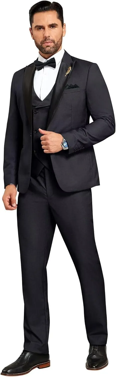 Mens Suit Slim Fit 3 Piece Suit Blazer Vest Pants Sets with Bow Tie Handkercher Brooch for Men for Wedding Prom Party