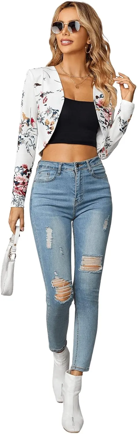 Milumia Women Floral Casual Crop Blazer Open Front Lightweight Outwear