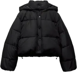 Mnjyihy Women Winter Puffer Jacket Black Loose Hooded Snow Short Cotton Padded Down Jacket Parka Coat