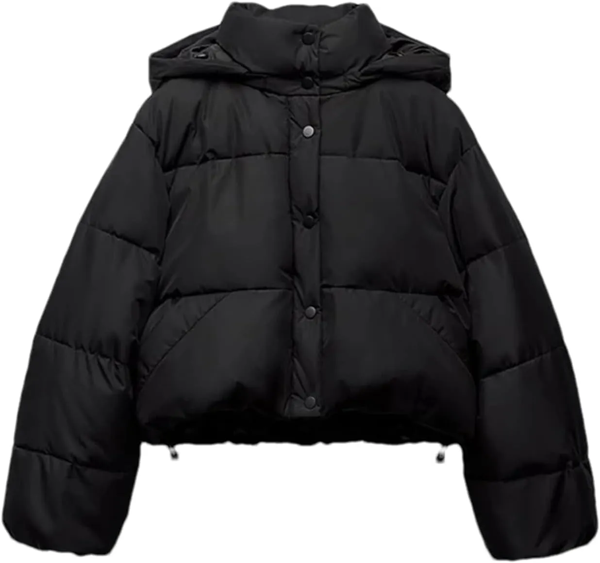 Mnjyihy Women Winter Puffer Jacket Black Loose Hooded Snow Short Cotton Padded Down Jacket Parka Coat