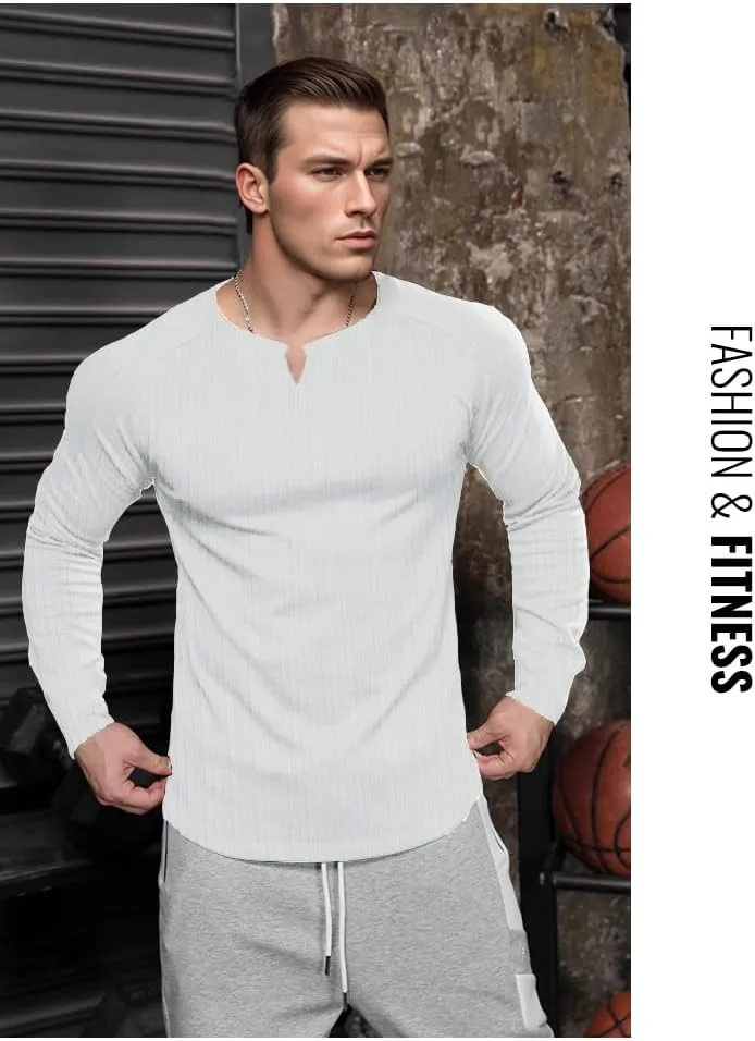 Muscle Cmdr Men's Slim Fit V Neck Casual Shirts Long&Short Sleeve Muscle Henley T-Shirt Stylish Business Top