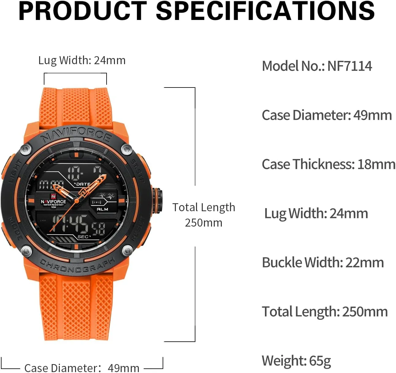 NAVIFORCE 5ATM Waterproof Sport Watches for Men Silicone Band Quartz Analog Digital Alarm Clock Chronograph Luminous Wristwatch