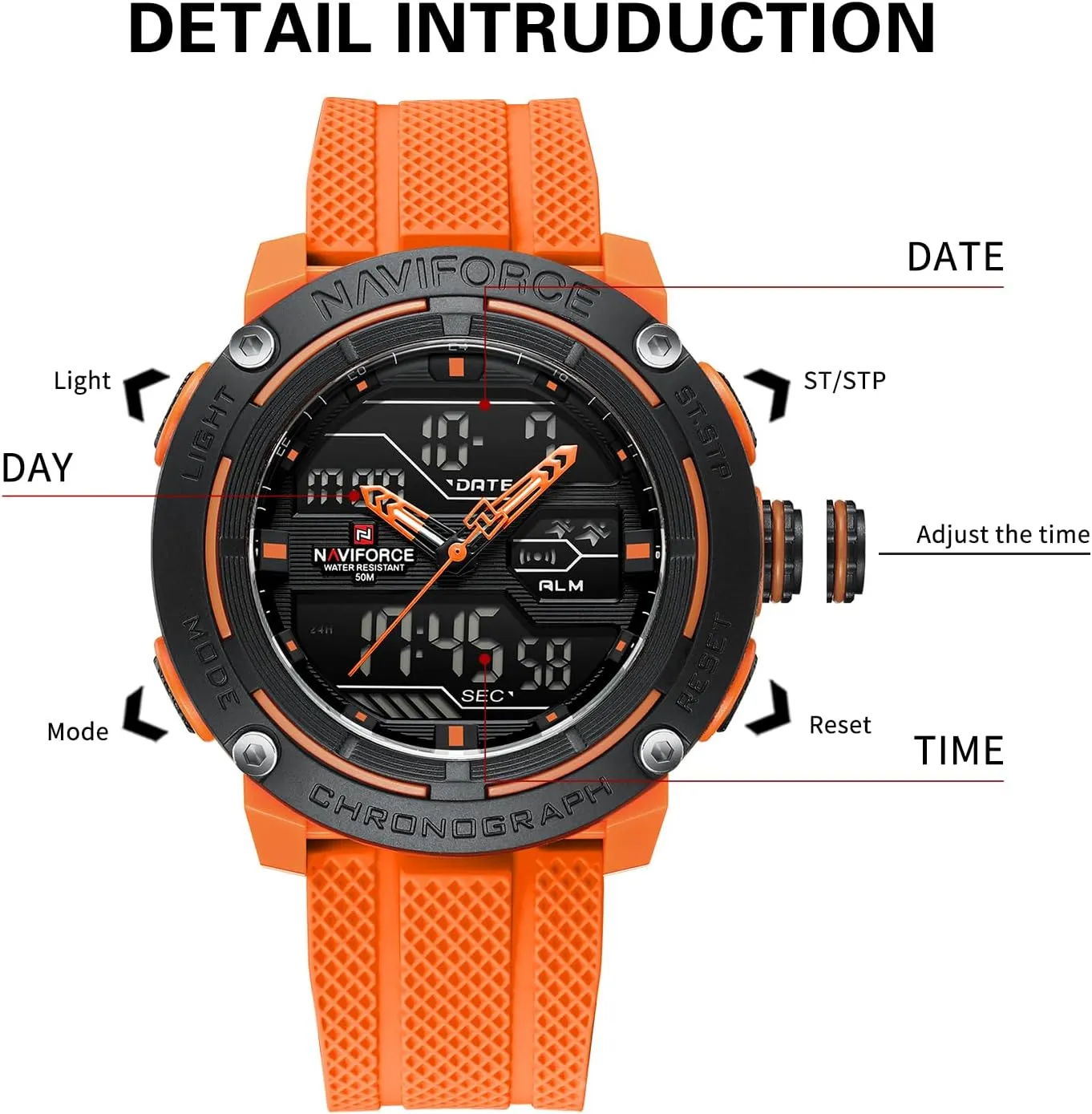 NAVIFORCE 5ATM Waterproof Sport Watches for Men Silicone Band Quartz Analog Digital Alarm Clock Chronograph Luminous Wristwatch