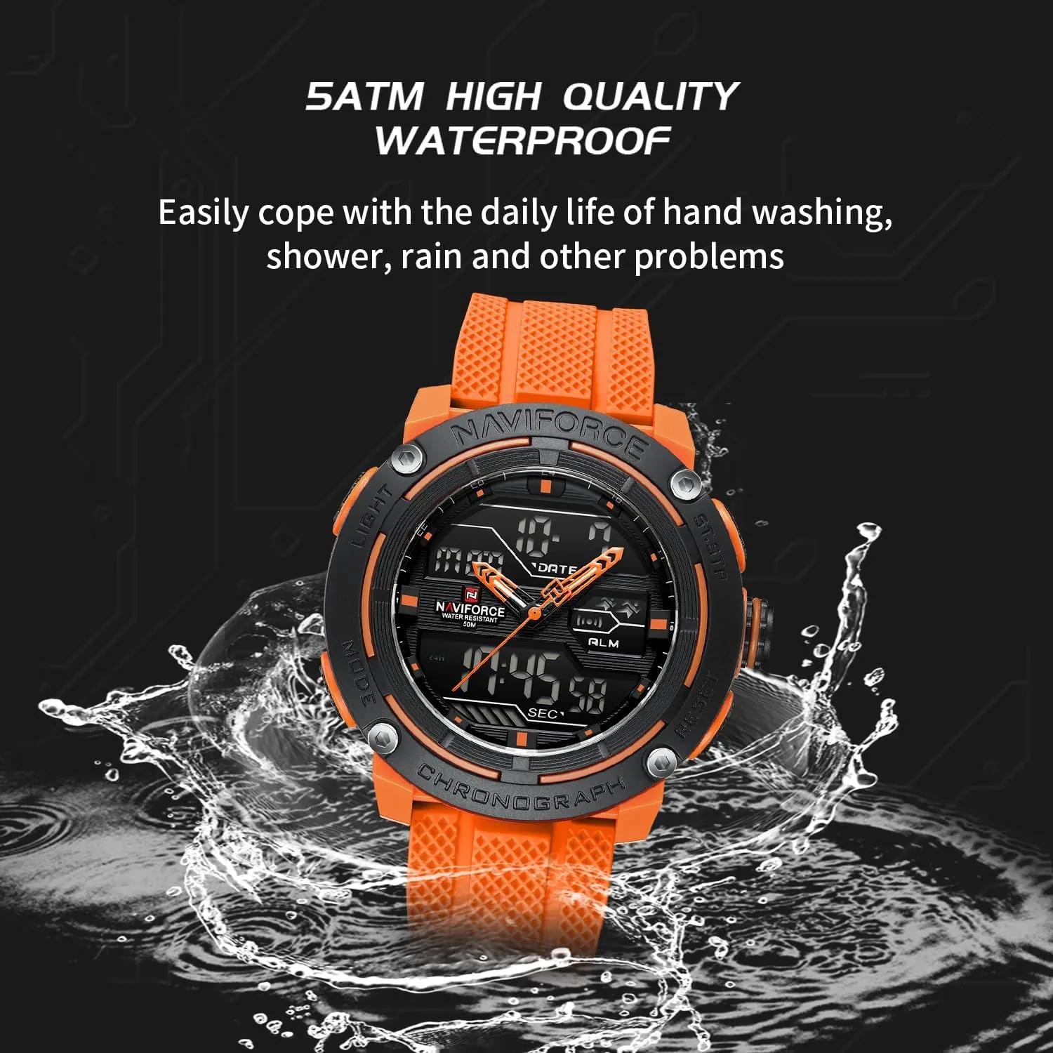 NAVIFORCE 5ATM Waterproof Sport Watches for Men Silicone Band Quartz Analog Digital Alarm Clock Chronograph Luminous Wristwatch