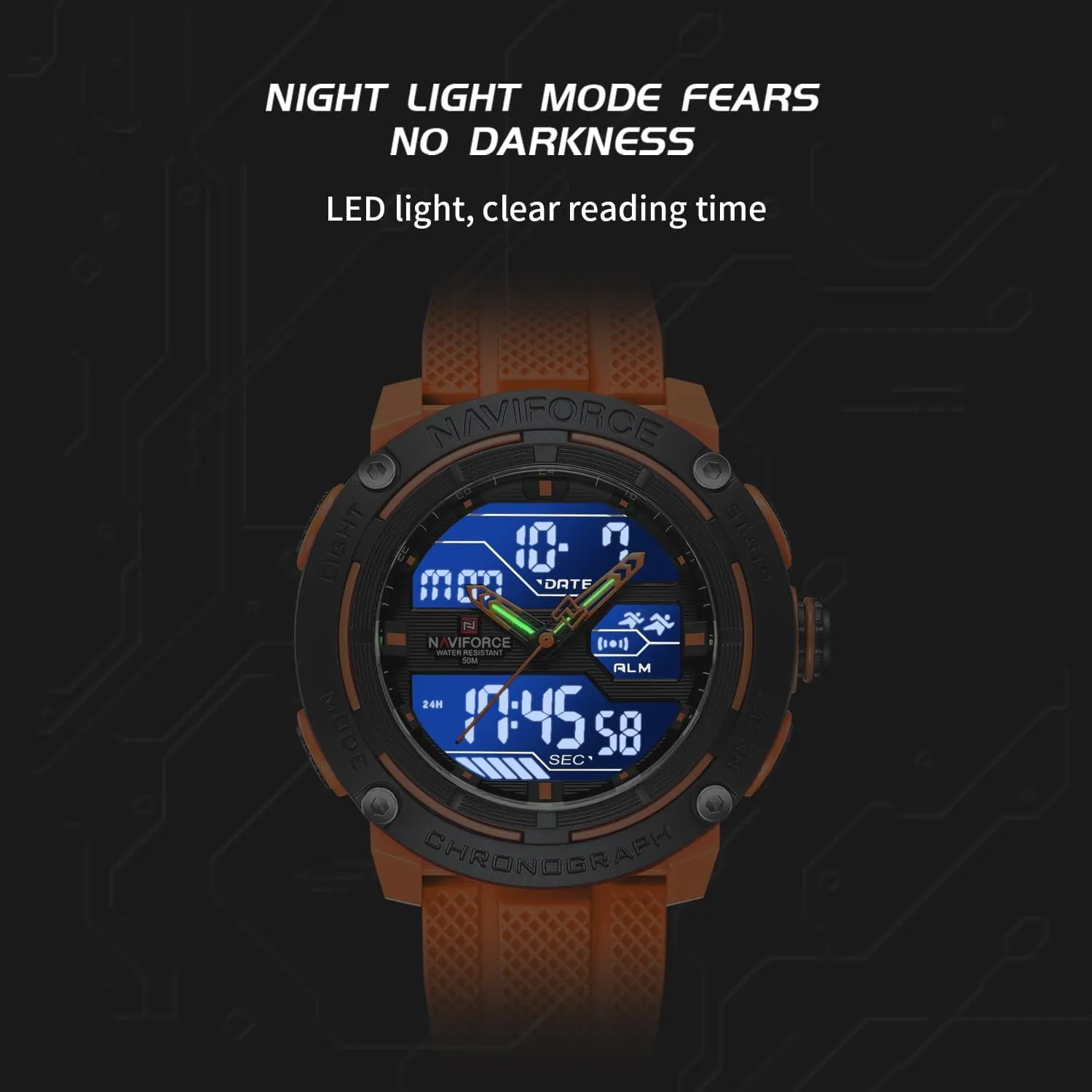 NAVIFORCE 5ATM Waterproof Sport Watches for Men Silicone Band Quartz Analog Digital Alarm Clock Chronograph Luminous Wristwatch