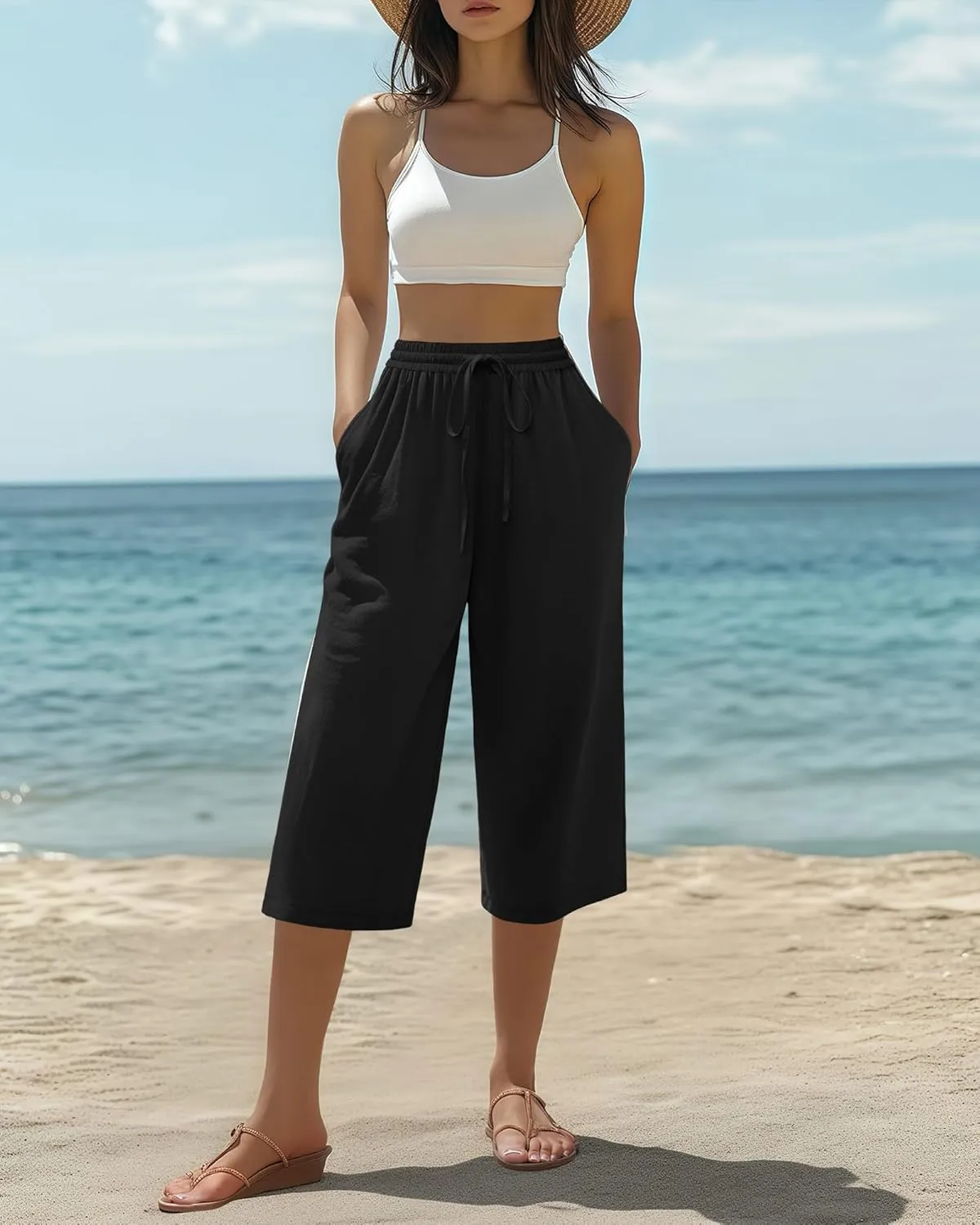 Neer 2 Pack Women's Linen Capris, Summer Drawstring Wide Leg Pants Casual High Waisted Palazzo Trousers with Pockets