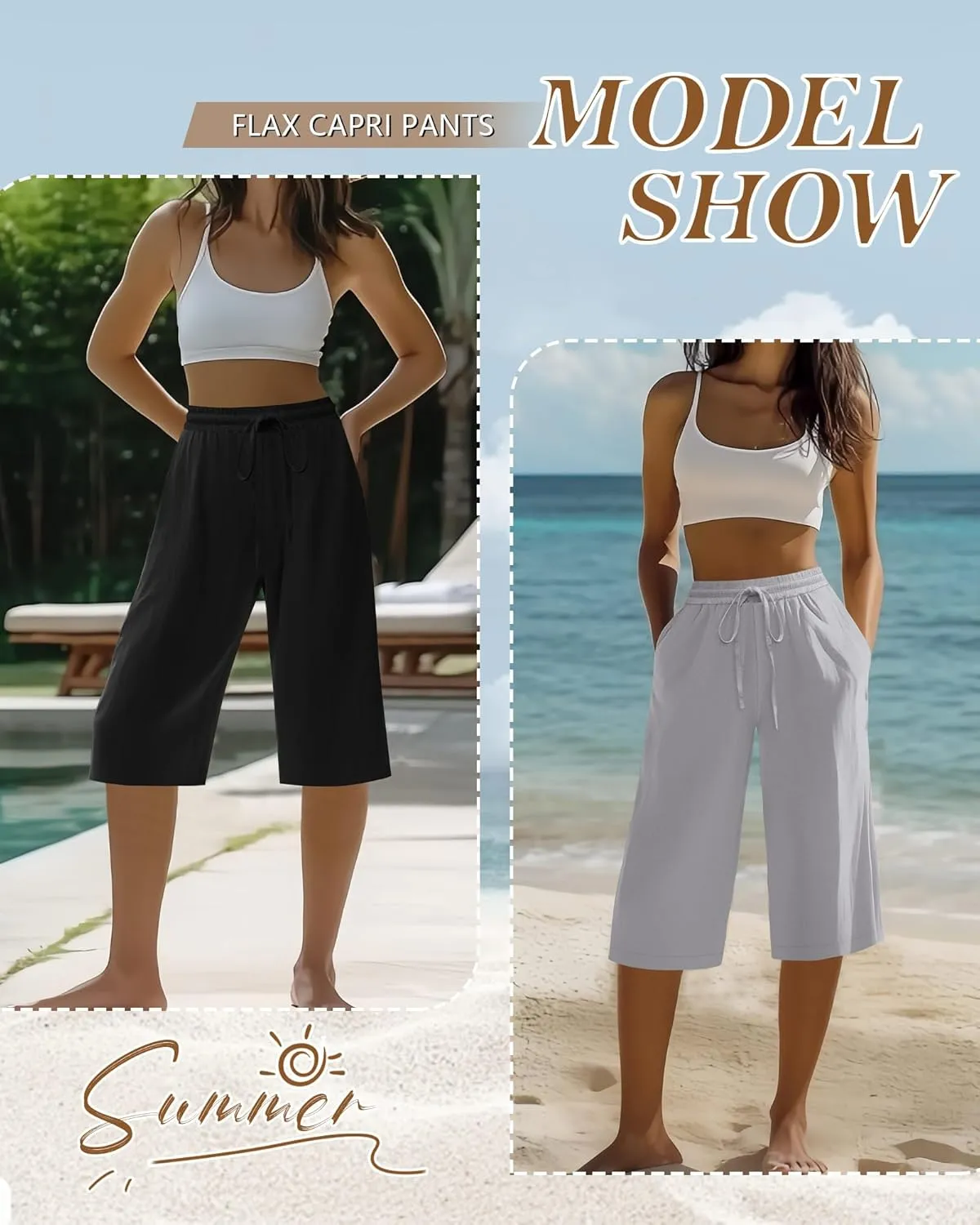 Neer 2 Pack Women's Linen Capris, Summer Drawstring Wide Leg Pants Casual High Waisted Palazzo Trousers with Pockets