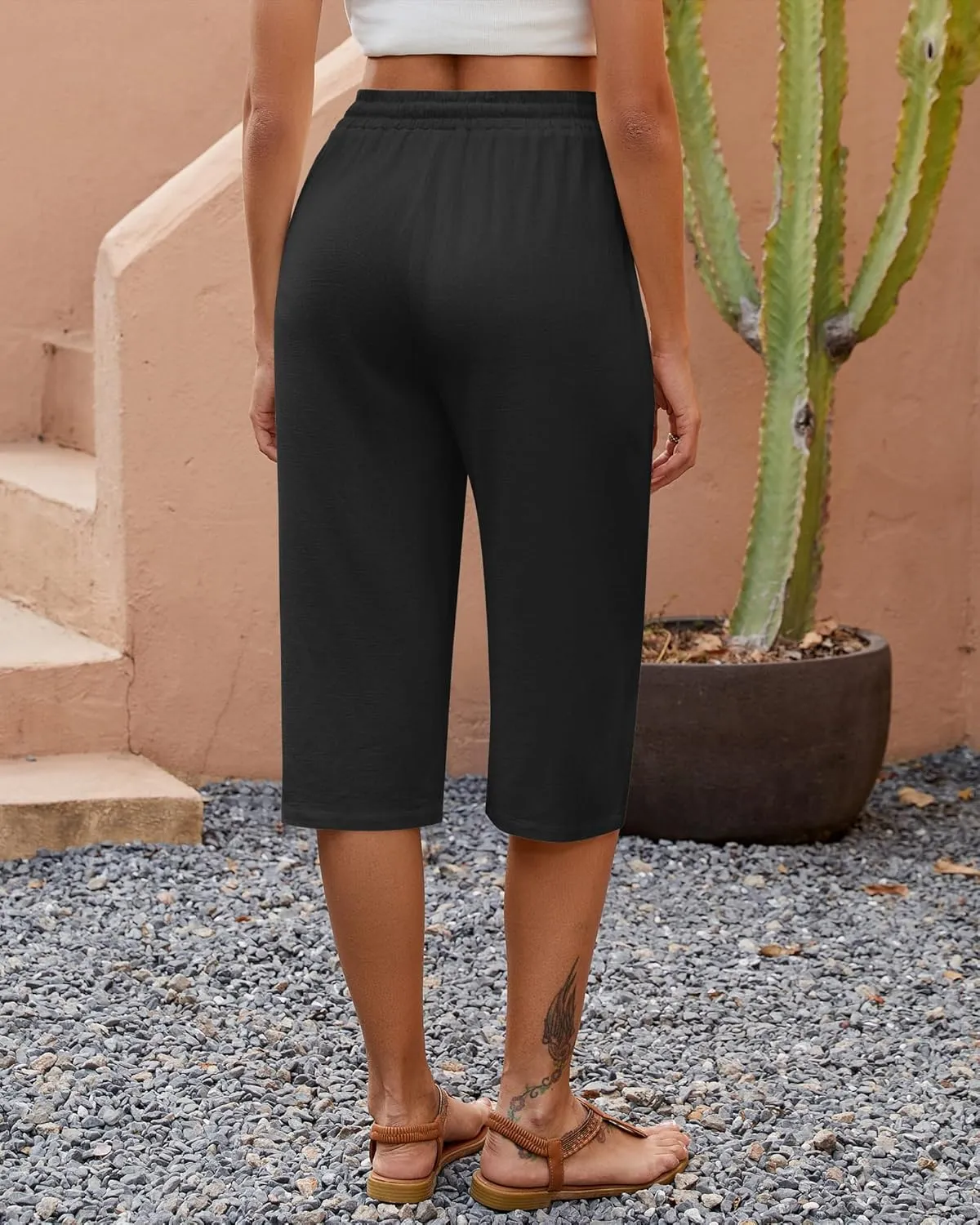 Neer 2 Pack Women's Linen Capris, Summer Drawstring Wide Leg Pants Casual High Waisted Palazzo Trousers with Pockets