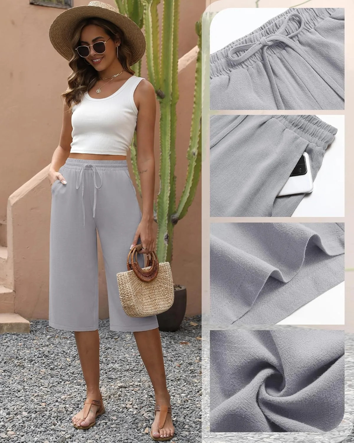 Neer 2 Pack Women's Linen Capris, Summer Drawstring Wide Leg Pants Casual High Waisted Palazzo Trousers with Pockets